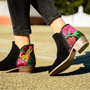 Floral Embroidered Ankle Boots - Black and Multicolor